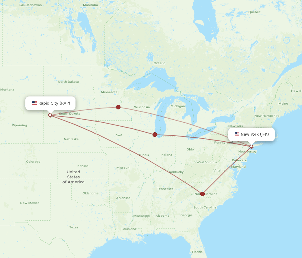 JFK to RAP flights and routes map