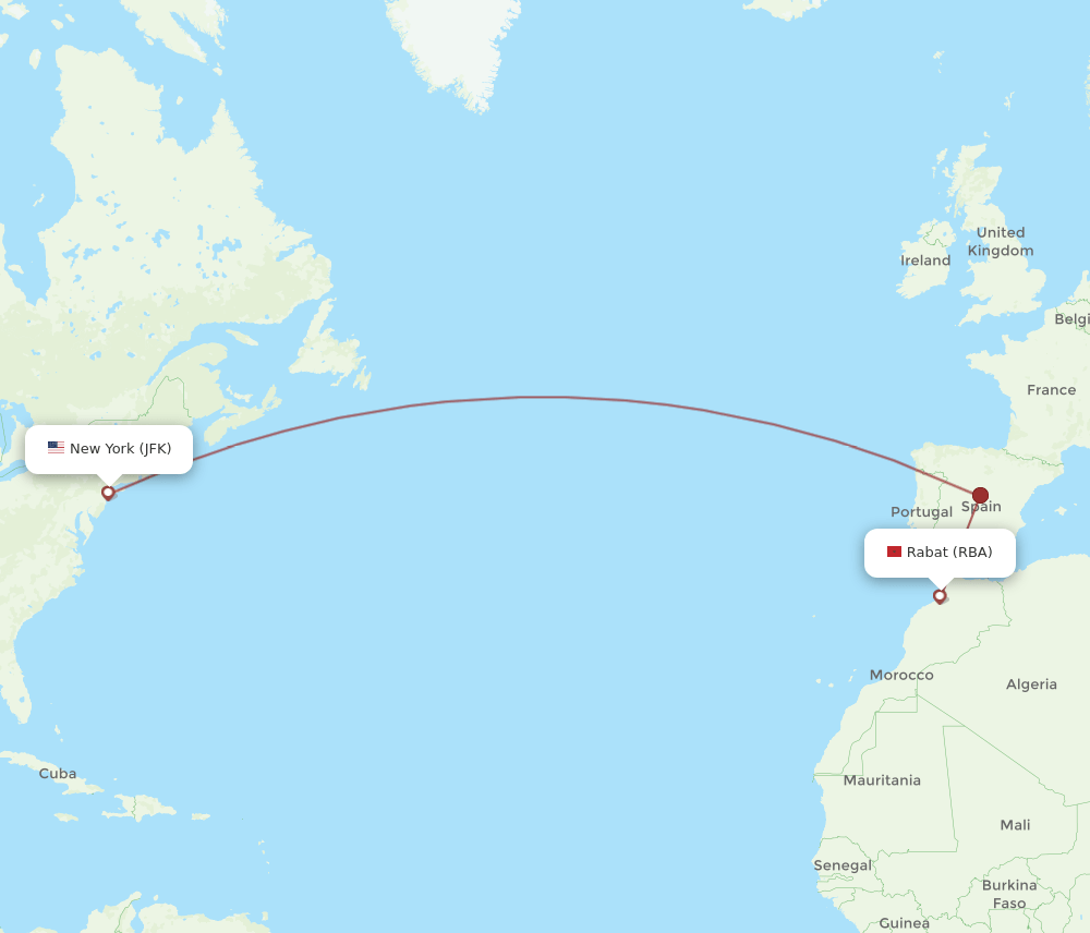 New York - Rabat route map and flight paths