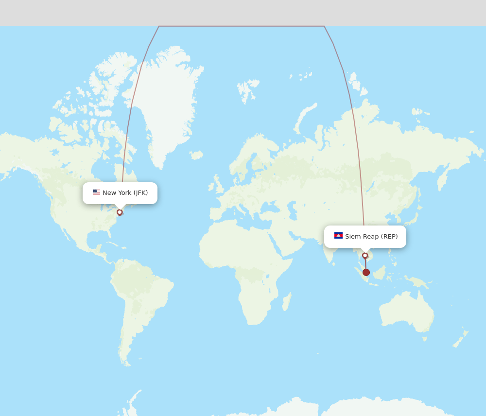 New York - Siem Reap route map and flight paths