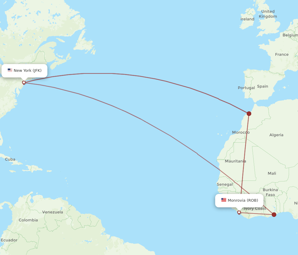 JFK-ROB flight routes