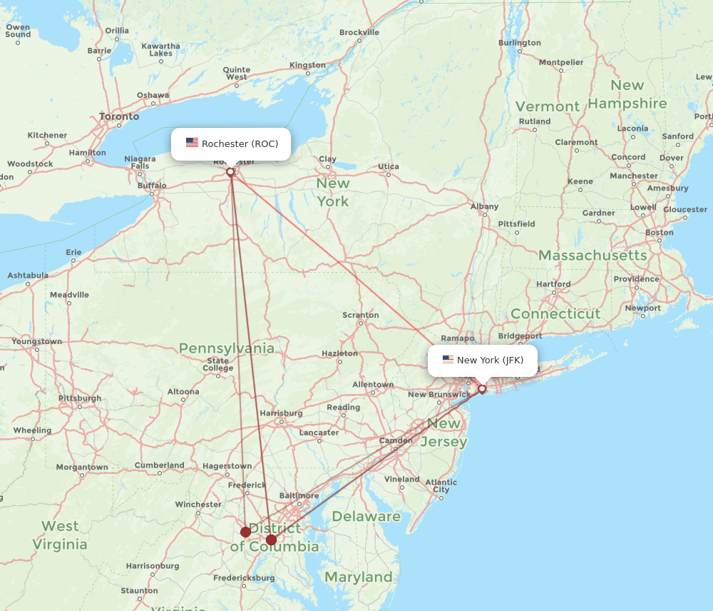 JFK to ROC flights and routes map