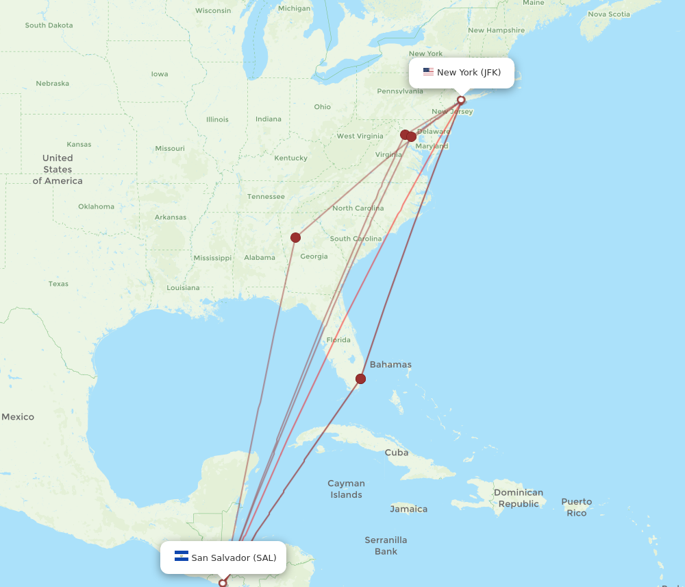 JFK to SAL flights and routes map