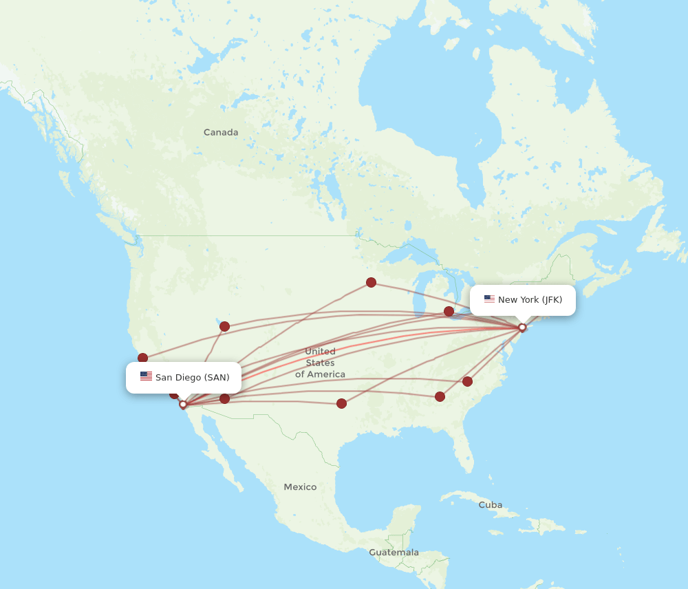 JFK to SAN flights and routes map