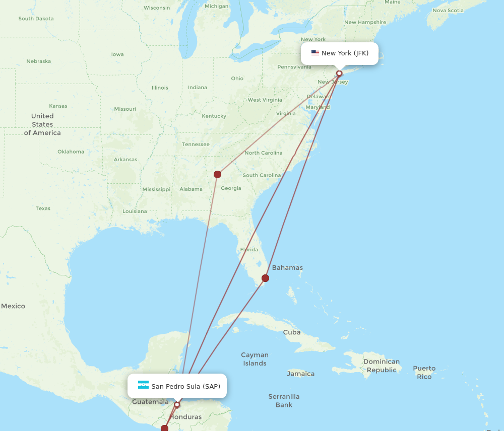 JFK to SAP flights and routes map