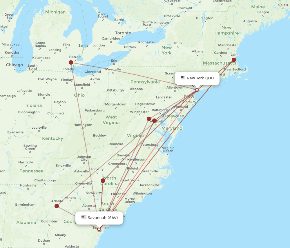 JFK-SAV flight routes