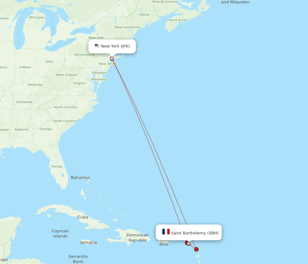 JFK to SBH flights and routes map
