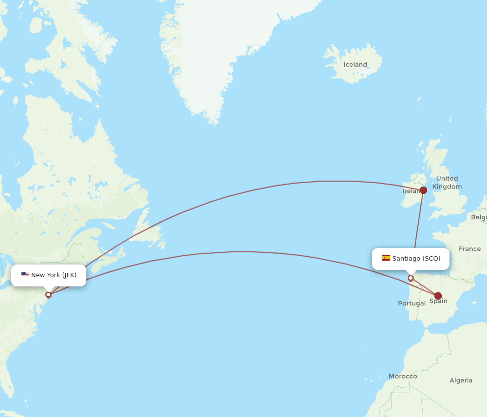 JFK to SCQ flights and routes map