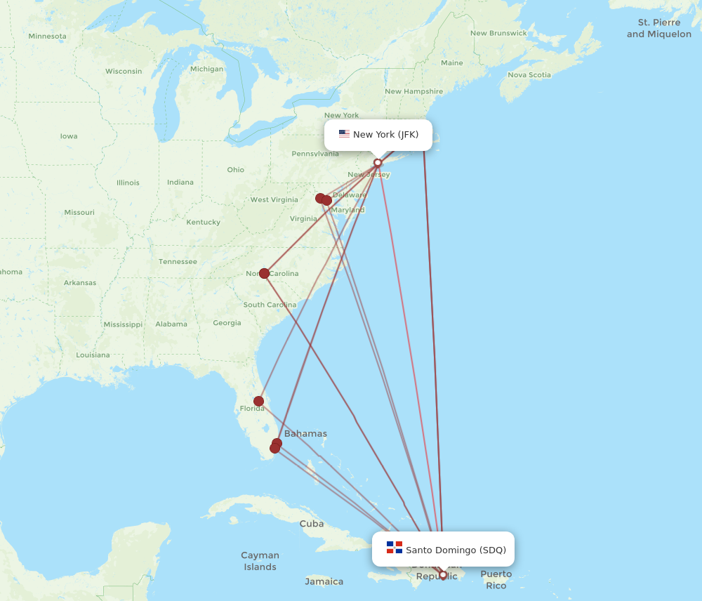 JFK to SDQ flights and routes map
