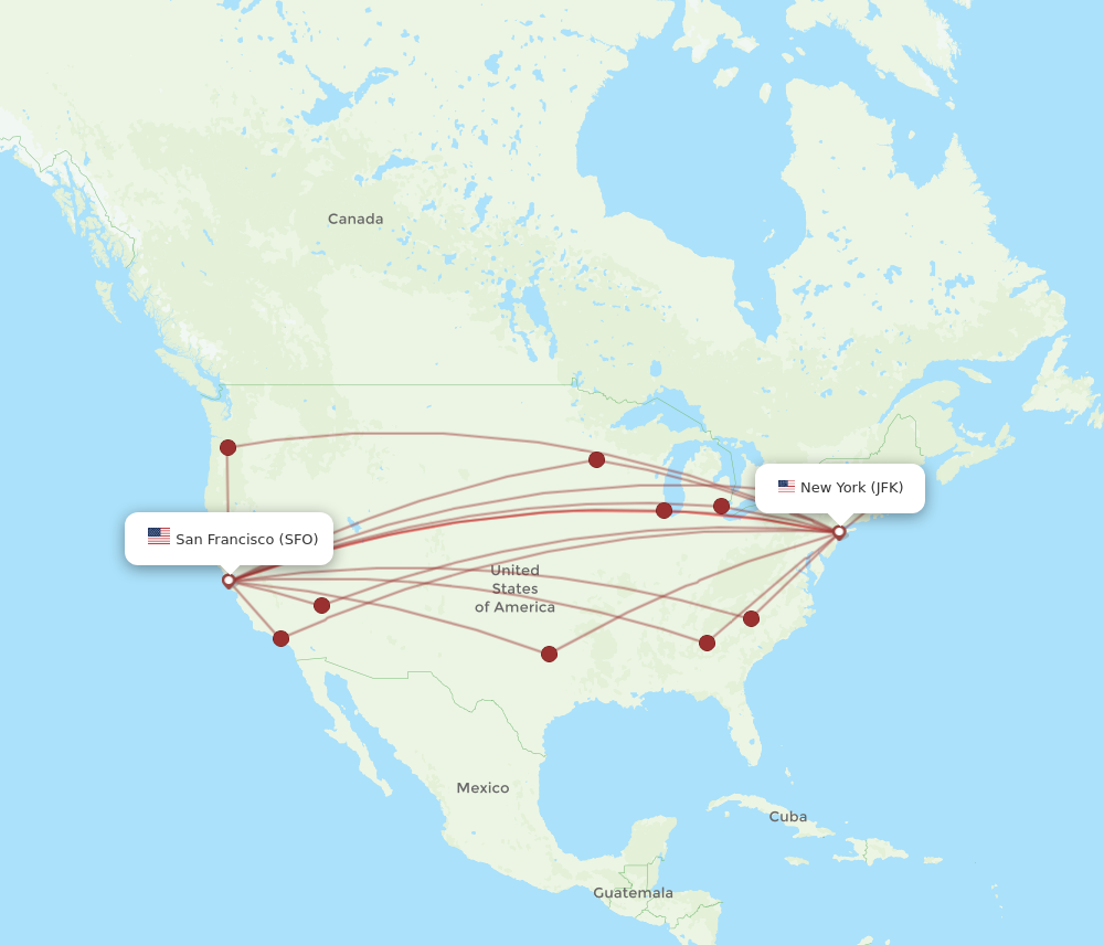 JFK to SFO flights and routes map