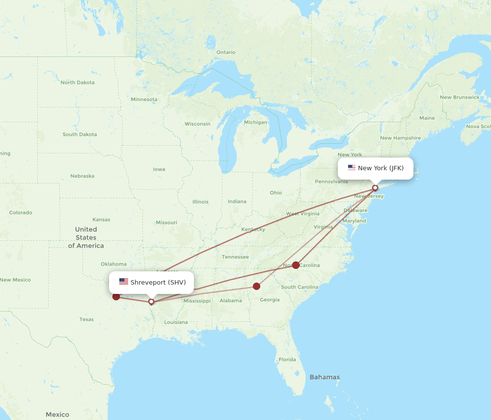 JFK to SHV flights and routes map