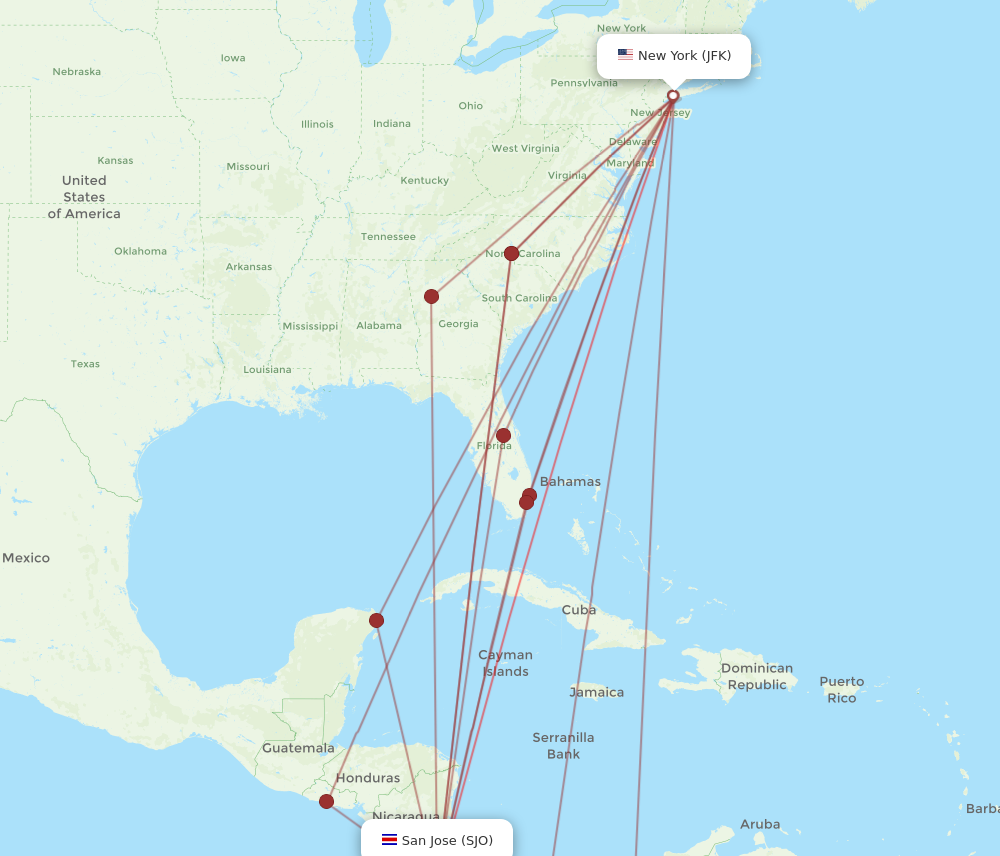 JFK to SJO flights and routes map