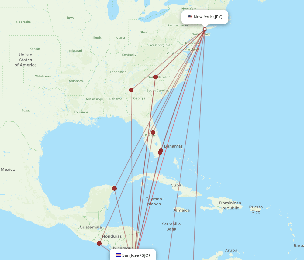 JFK-SJO flight routes