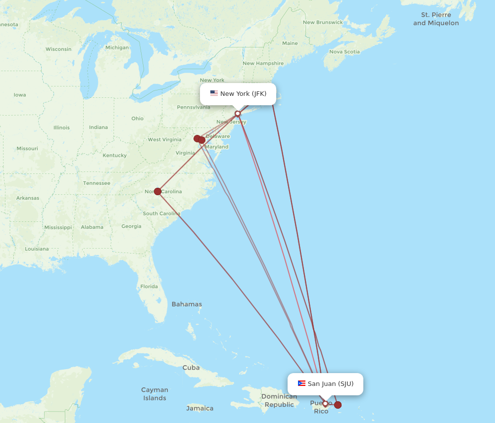 JFK to SJU flights and routes map
