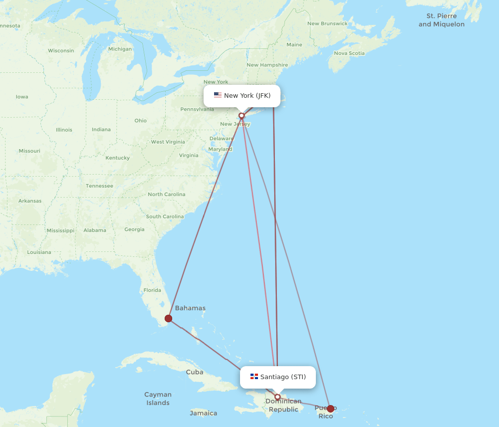 JFK to STI flights and routes map