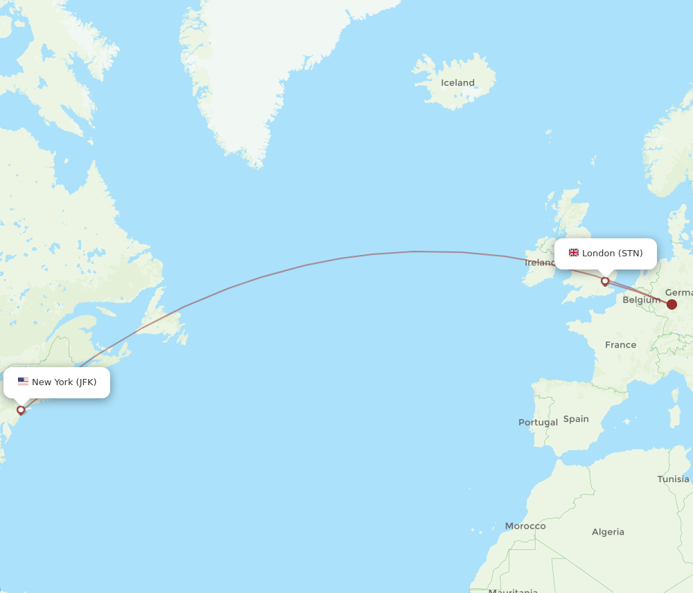 London - New York route map and flight paths