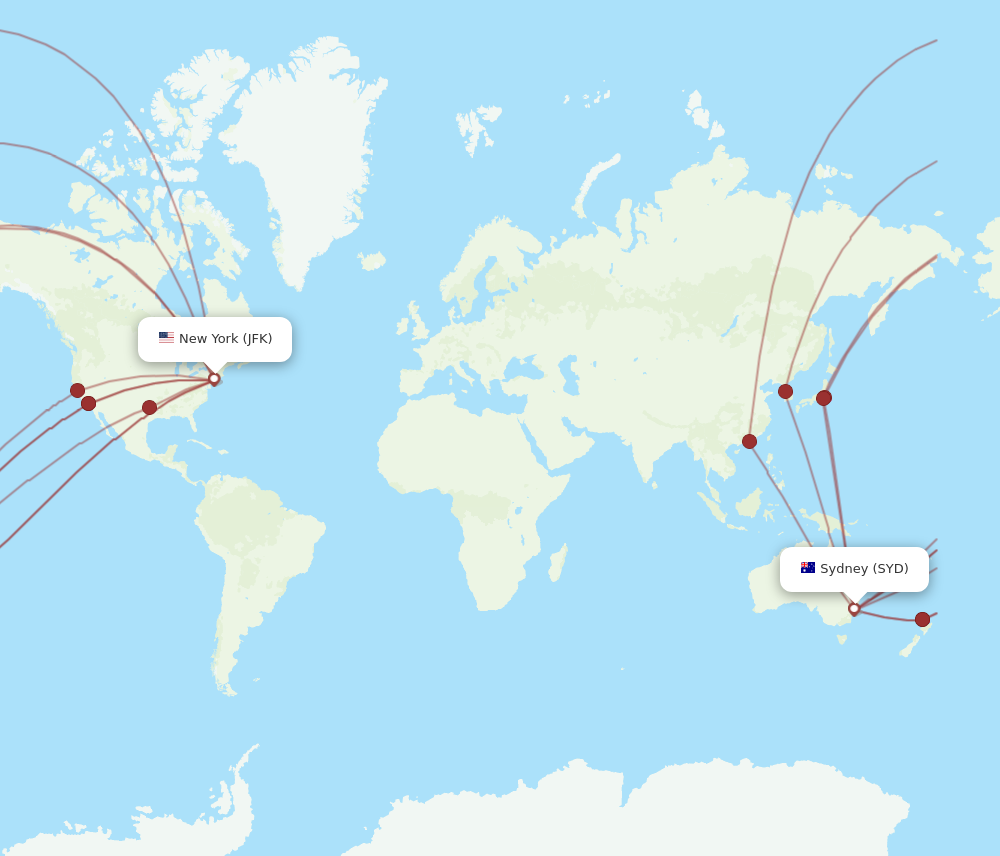 JFK to SYD flights and routes map