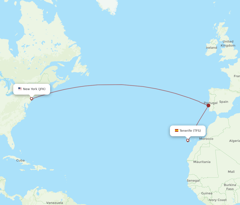 JFK to TFS flights and routes map