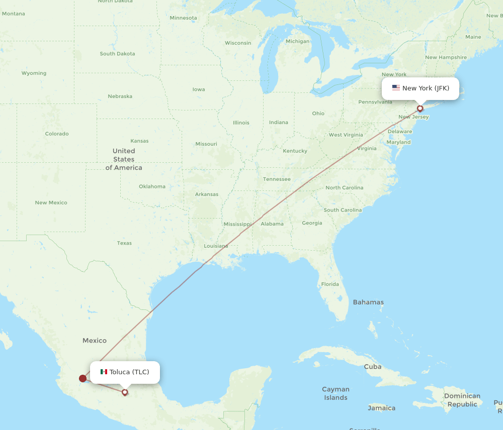 New York - Toluca route map and flight paths