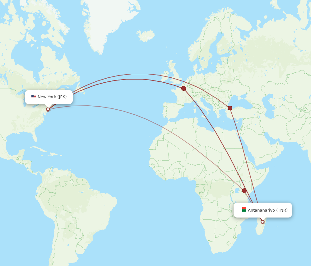 JFK to TNR flights and routes map