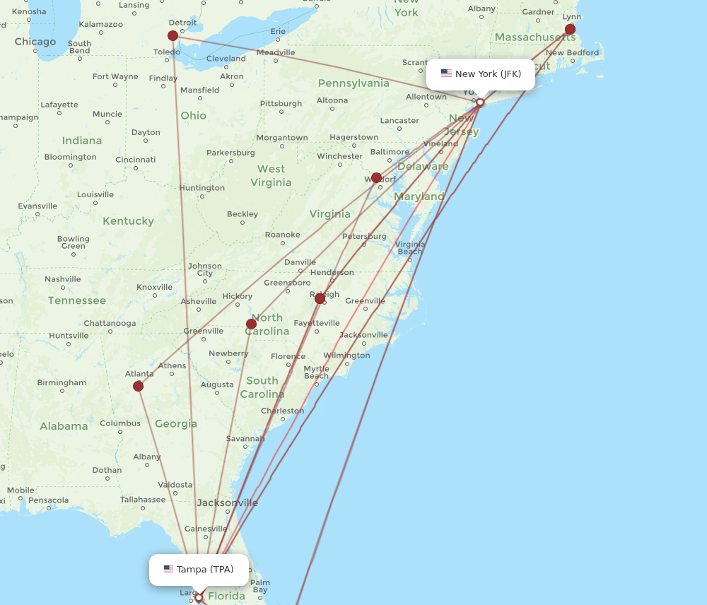 JFK-TPA flight routes