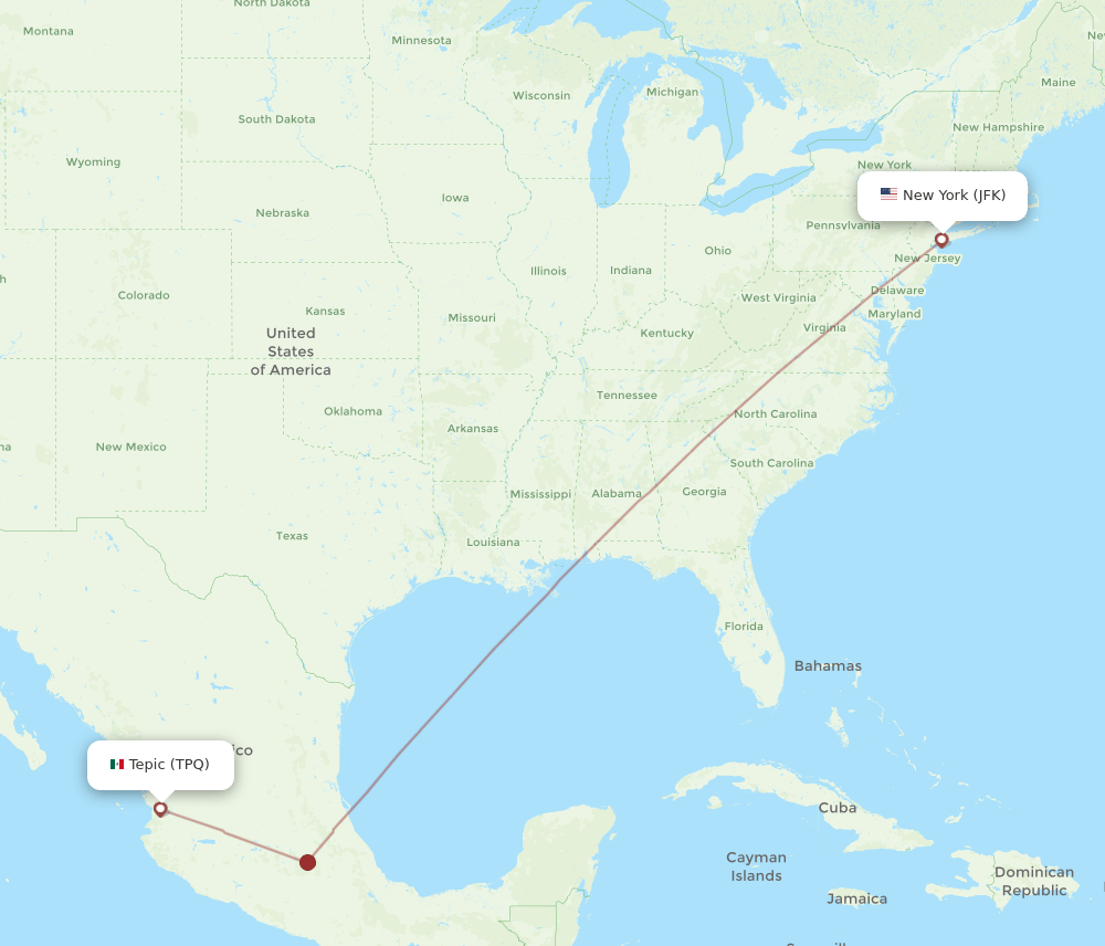 Tepic - New York route map and flight paths