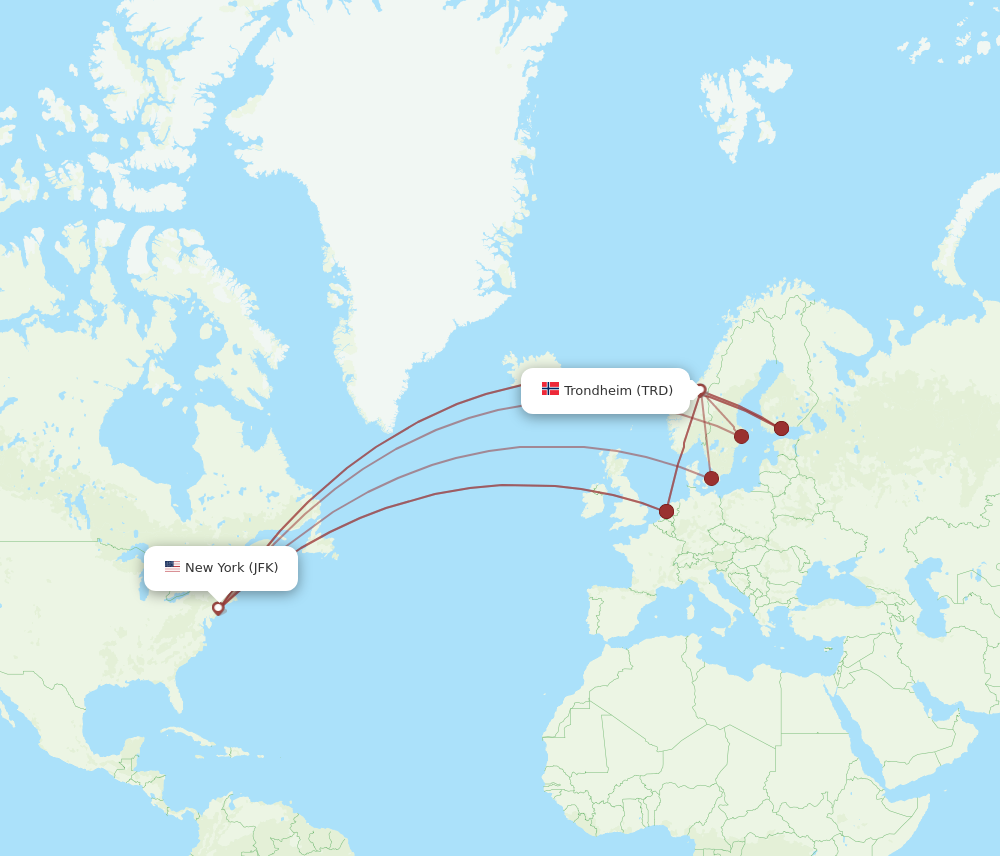 JFK to TRD flights and routes map