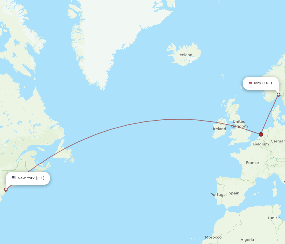 JFK to TRF flights and routes map