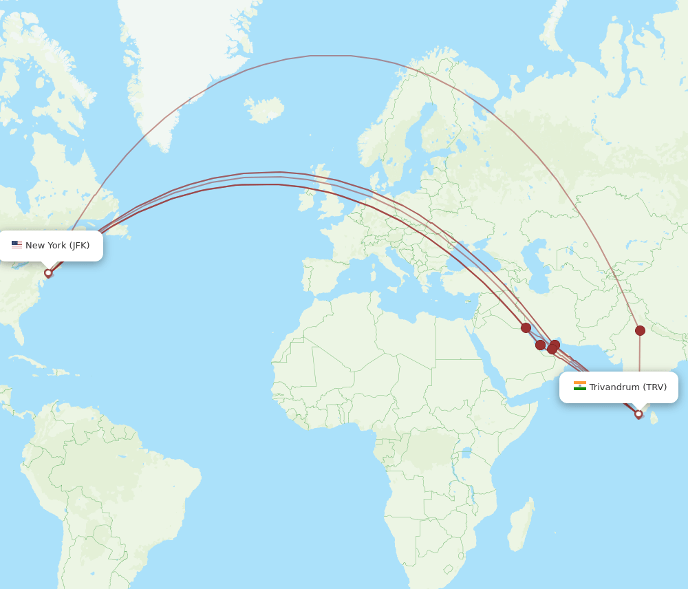 JFK to TRV flights and routes map
