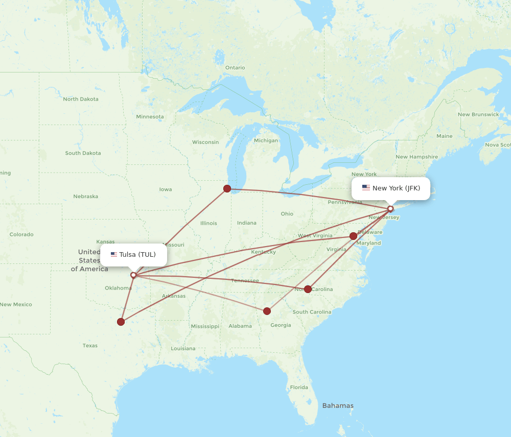 JFK-TUL flight routes