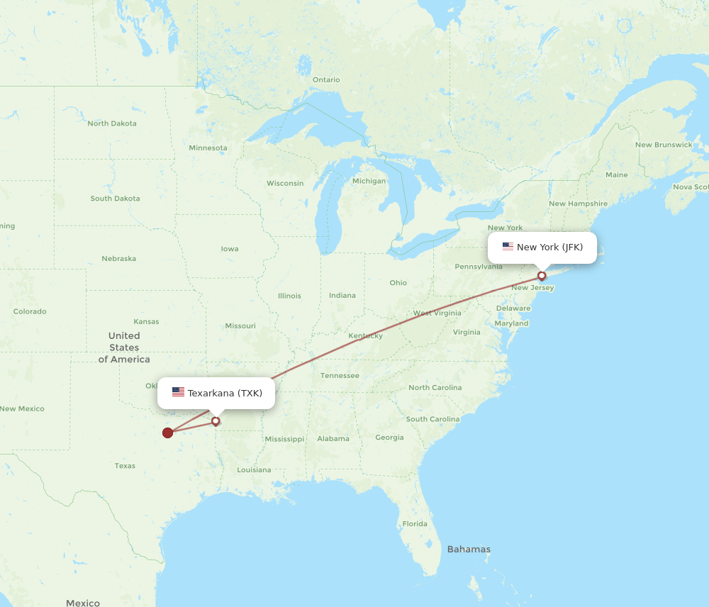 JFK to TXK flights and routes map