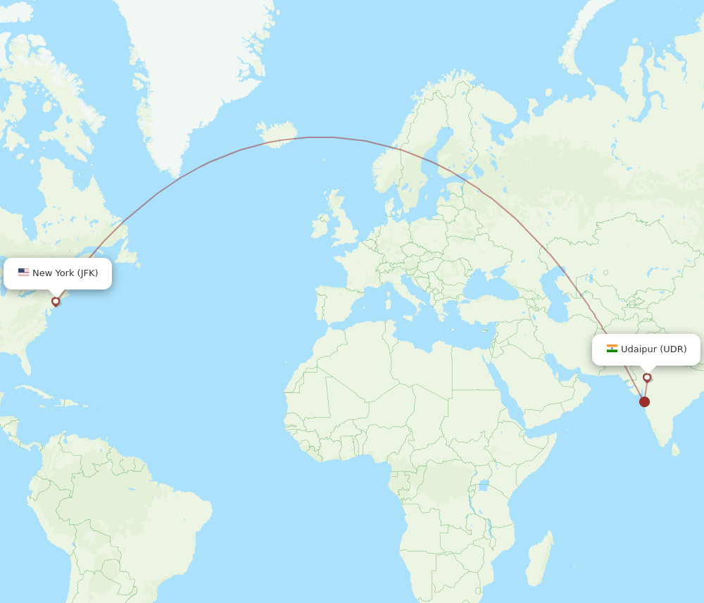 Udaipur - New York route map and flight paths