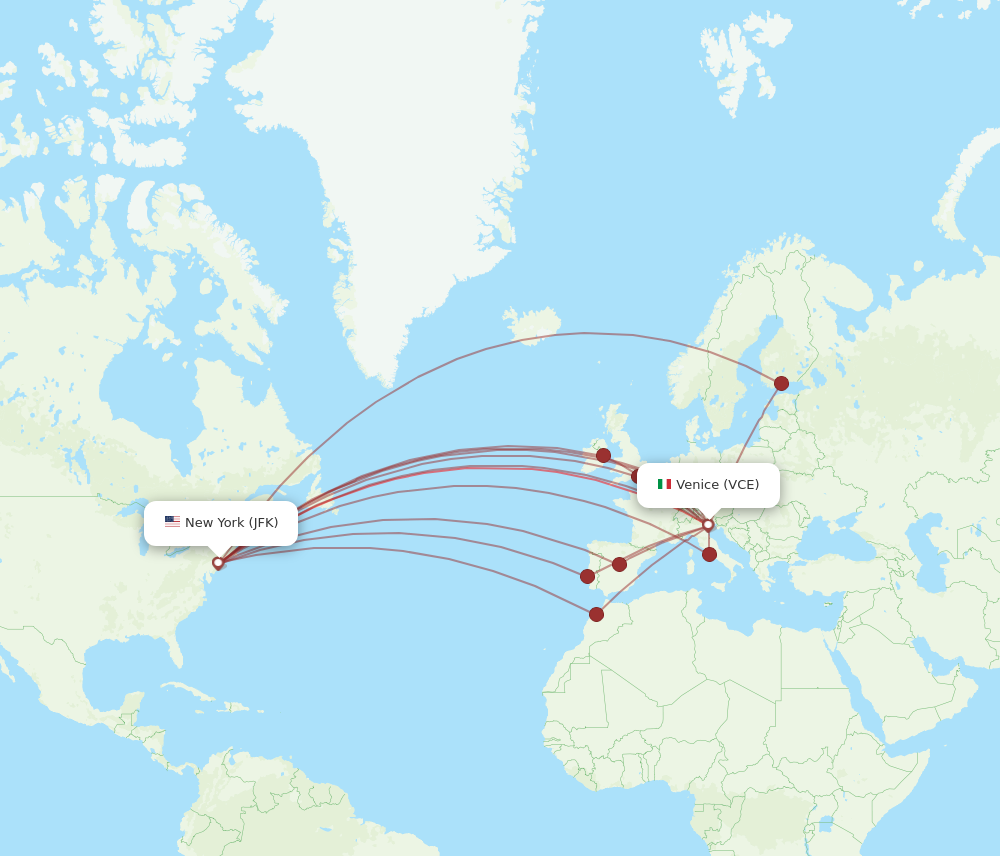 JFK to VCE flights and routes map