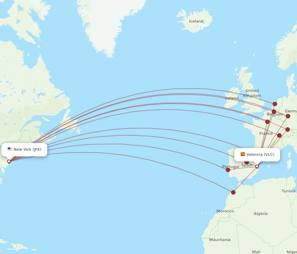 JFK to VLC flights and routes map