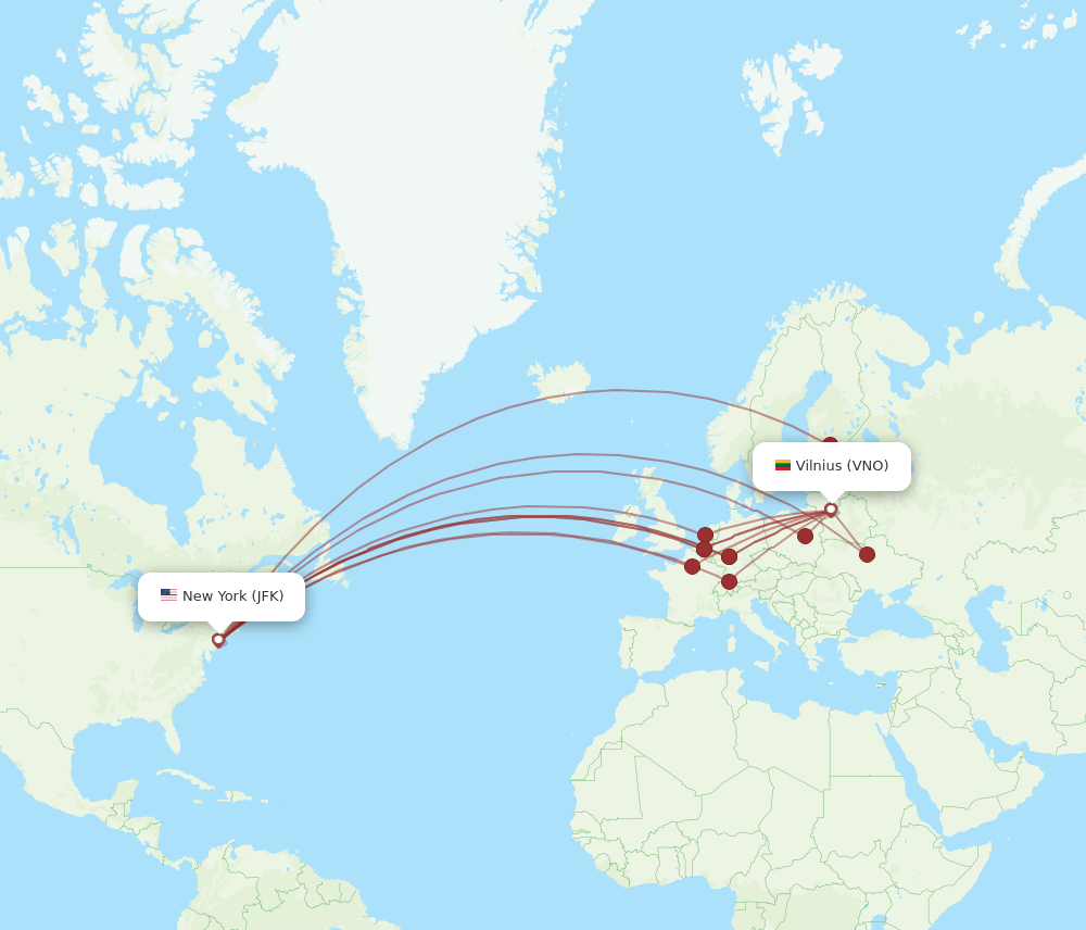 JFK to VNO flights and routes map