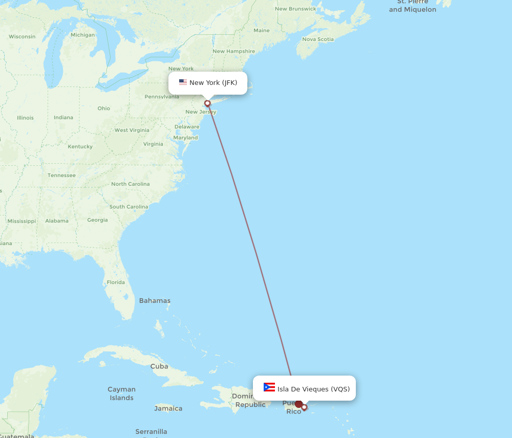 JFK to VQS flights and routes map