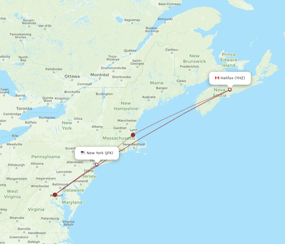 JFK to YHZ flights and routes map