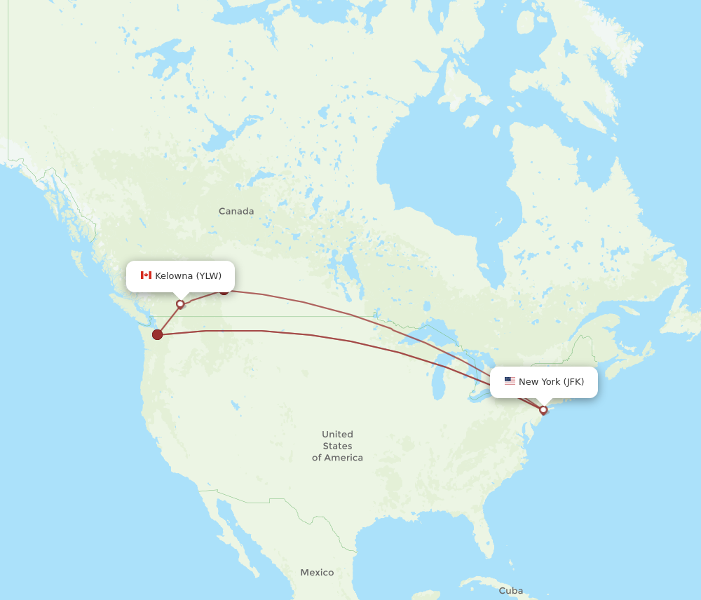 JFK to YLW flights and routes map