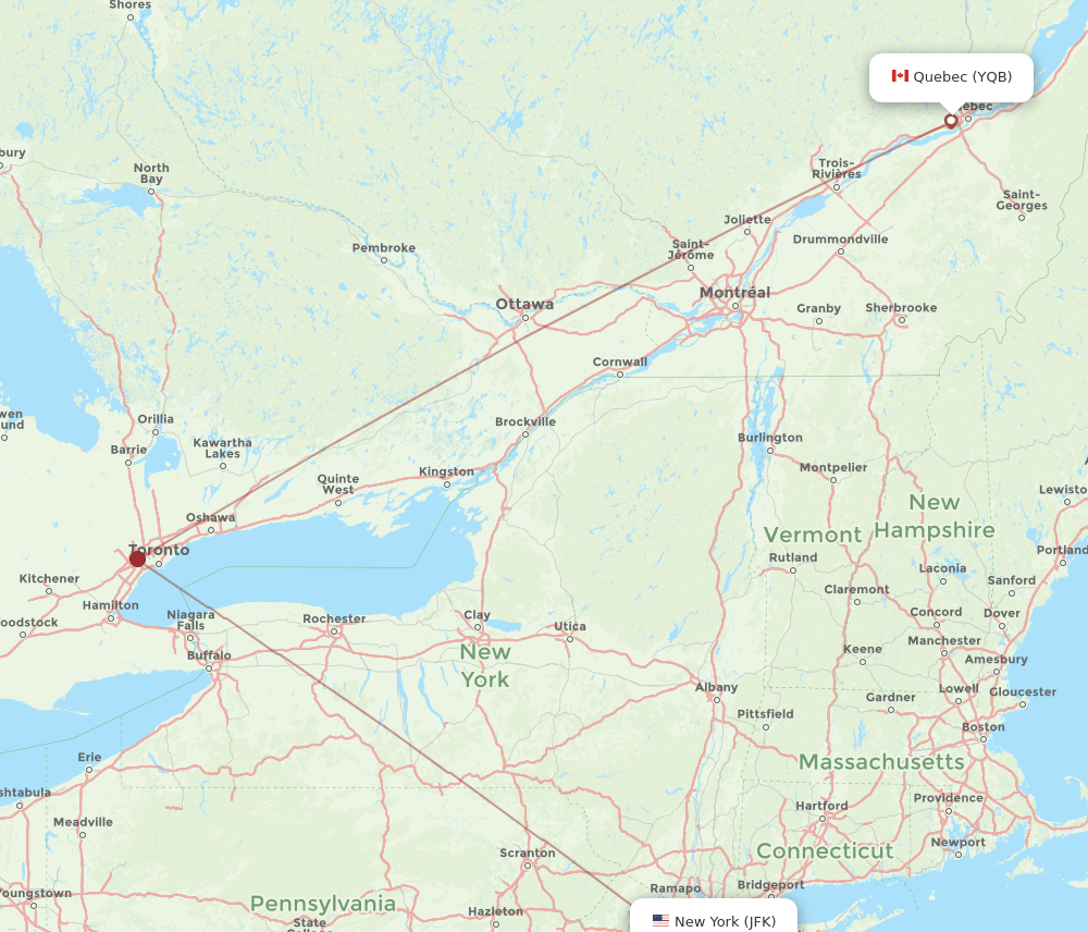 JFK to YQB flights and routes map