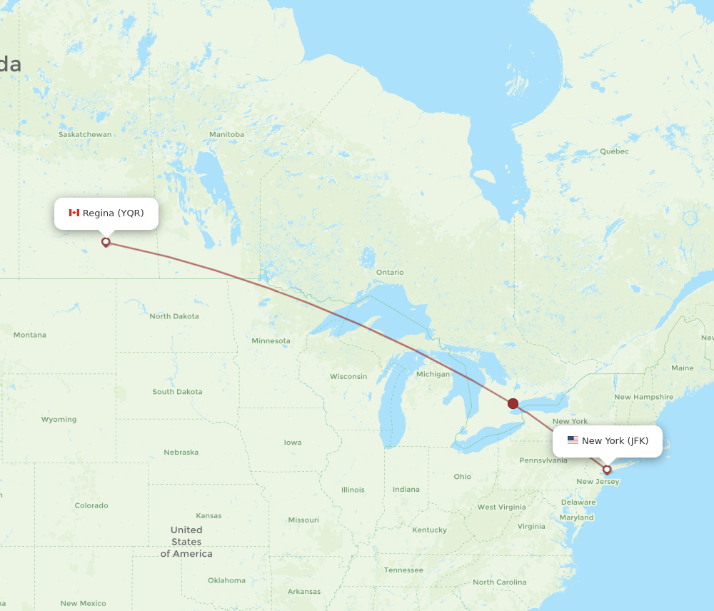 JFK to YQR flights and routes map