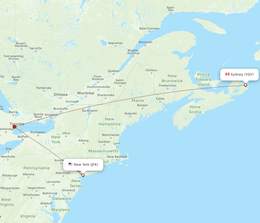JFK to YQY flights and routes map