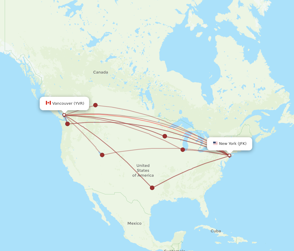 JFK to YVR flights and routes map