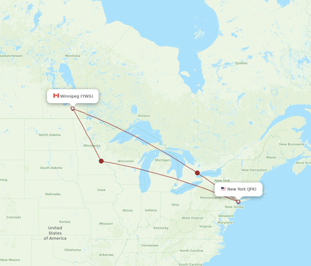 YWG to JFK flights and routes map