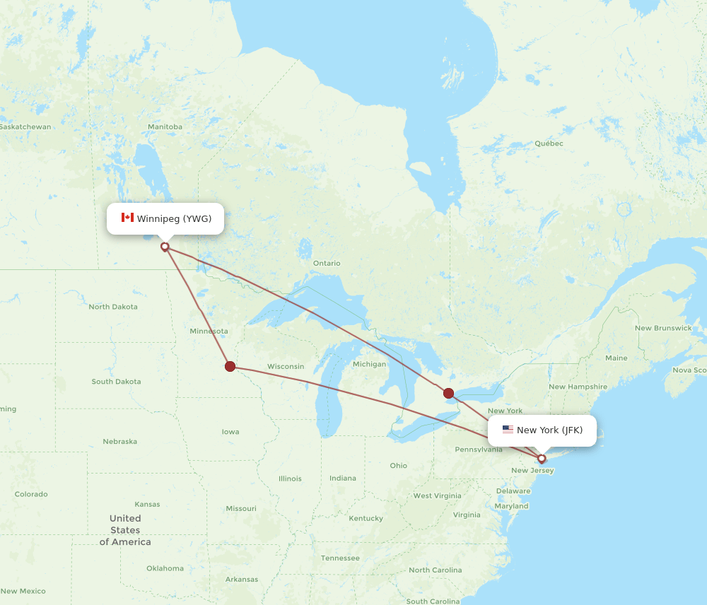 Winnipeg - New York route map and flight paths