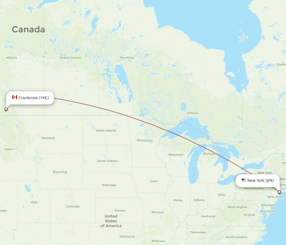 Cranbrook - New York route map and flight paths