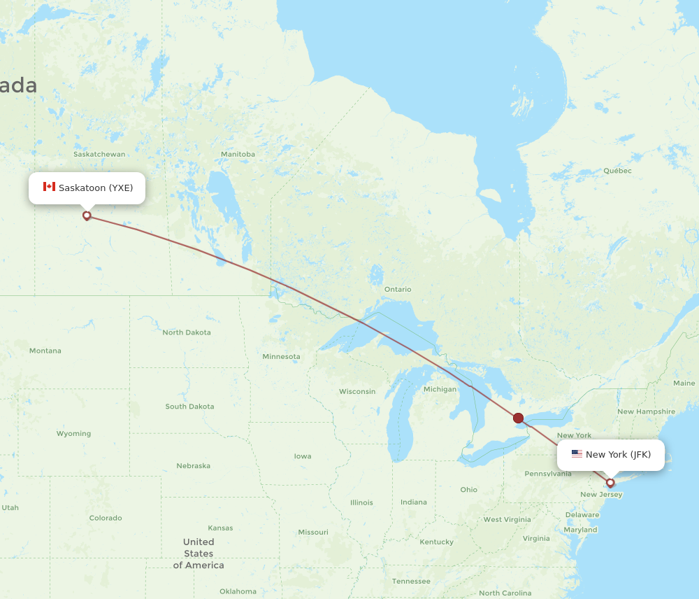YXE to JFK flights and routes map