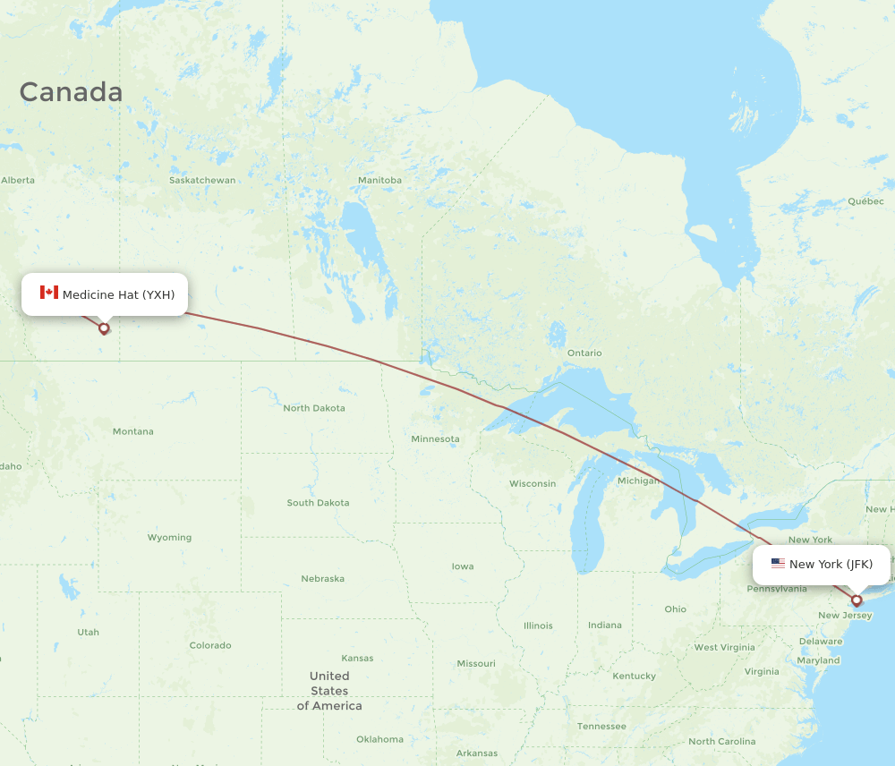 Medicine Hat - New York route map and flight paths