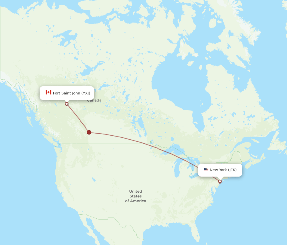 New York - Fort St. John route map and flight paths
