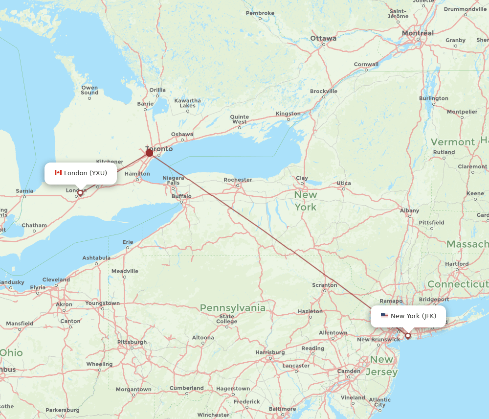 JFK to YXU flights and routes map