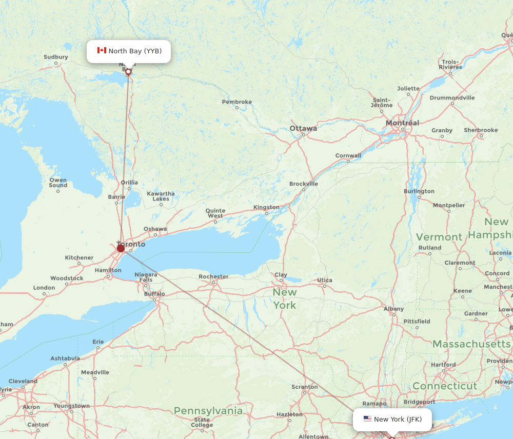 North Bay - New York route map and flight paths