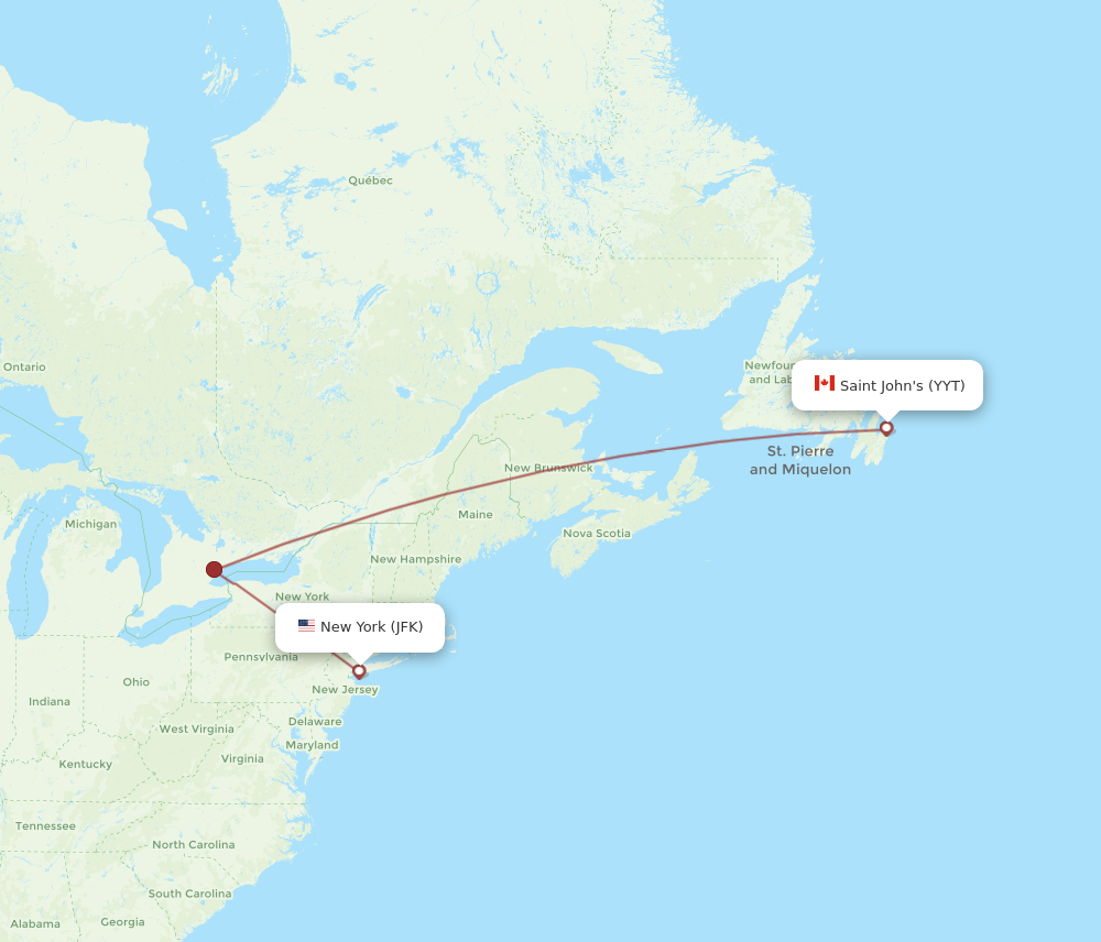 YYT to JFK flights and routes map